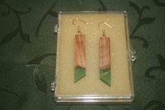SOLD Item F92 Gold earrings Figured Maple and transparent green acrylic $20.